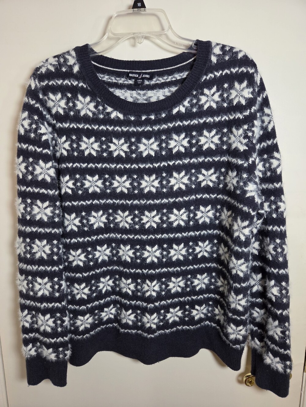 Nautica Jeans Womens Medium Navy White Snowflake Fair Isle Cotton Wool Sweater